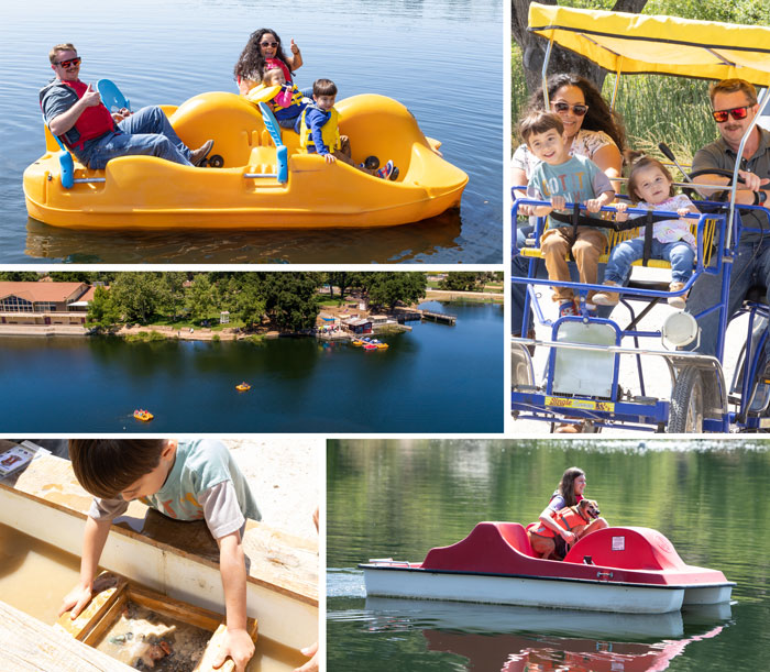 Paddle Boat Rentals - Surrey Bike Rentals - Atascadero Lake Park - Mr Putters Boathouse - Family Activities - Paso Robles Fun Activities - Family Fun - North County Activities - Water Sports - Family Friendly Paddle Boating - Gemstone Sluicing - Gemstone Mining - Mr Putters
